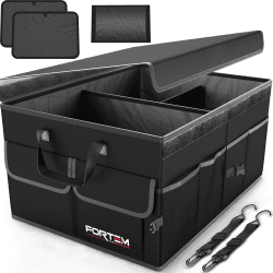 FORTEM Kofferraum Organizer, Kofferraumtasche, Zusammenklappbarer Auto Organizer Kofferraum mit Fächern, Rutschfester Boden, Verstellbare Sicherungsriemen, Klappbarer Deckel (Schwarz, Größe L) Schwarz Größe L