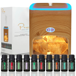 Pure Daily Care Himalaya-Rosasalz-Diffusor & 10 ätherische Öle – 2-in-1-Therapiegerät – 400-ml-Ultraschall-Verdampfer und Ionisator mit Umgebungslicht (Licht)