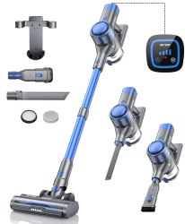 BuTure Akku Staubsauger 450W/33000pa,Staubsauger Kabellos bis zu 55 Min. Laufzeit,Kabelloser Staubsauger mit Automatikmodus,Wandmontierte Ladestation,Touchscreen,Anti-Tangle-Bodenbürste L Blau