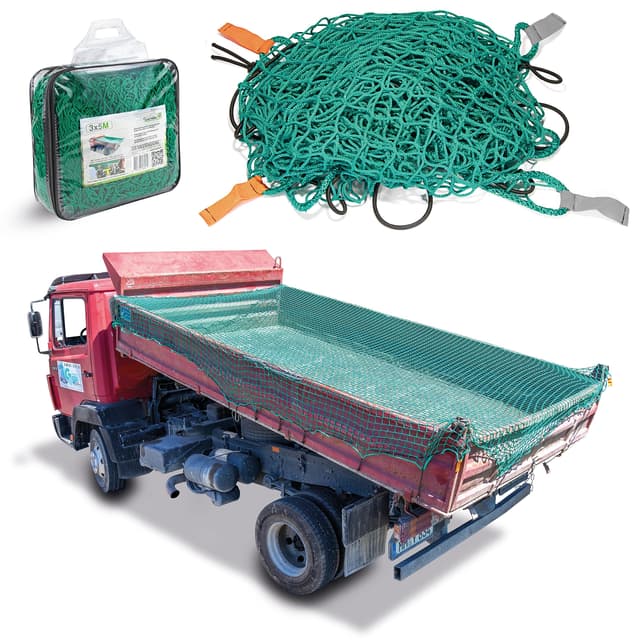 CargoVA® Intelligentes Anhängernetz 3,5x7M - Hängernetz mit Gummiseil, Tasche & Eckenmarkierung - zur perfekten Ladungssicherung Grün 3,5x7M [Tasche, Verstärkt]
