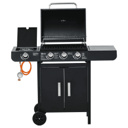 Outsunny Gasgrill BBQ Grillwagen mit 3 Brennern 1 Seitenbrenner Druckminderer Schläuche Schrank Multifunktion Stahl Schwarz 110 x 50 x 100 cm 110L x 50B x 100H cm