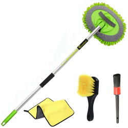 GreatCool 4 Stück Autowaschbürsten-Set, Autowaschmopp-Handschuh mit 113 CM Aluminiumstange, Autowaschbürste für Rad, Pedal und Bodenmatte, Detailbürste, Auto Trockentuch für Autos, LKW und Wohnmobilen Gelb