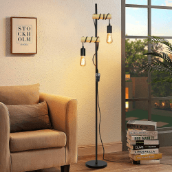 ZMH Stehlampe Wohnzimmer Vintage Stehleuchte Holz - Schwarz Industrial Standleuchte mit E27 2 Flammige Schwenkbar 180° Standlampe mit Schalter für Schlafzimmer Büro Arbeitzimmer - Ohne Leuchtmittel Ohne Lampenschirm