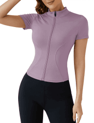 IECCP T-Shirt Damen Gym Top Sport Oberteil Yoga Langarm Crop Top Sportshirt Leicht Fitness Oberteil mit Halbem Reißverschluss und Daumenloch XS C-helles Lila