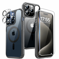 TAURI 5 in 1 für 15 Pro Hülle [Kompatibel mit ] [Schutz in Militärqualität], 2 Panzerglasfolie + 2 Kameralinsenschutz, Handyhülle 15 Pro Case 6,1 Zoll -Grau iPhone 15 Pro 6.1" C-grau