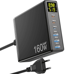 USB C Ladegerät, 160W GaN 6-Port USB Schnellladegerät mit LED-Anzeige, USB C Netzteil mit 3 USB-C und 3 USB-A Mehrfach USB Ladestation PPS PD 3.0 Charger für MacBook Pro Laptop iPh0ne iPad Samsung Schwarz