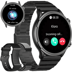 Android Smartwatch Herren Rund Metallarmband - Smartwatch Herren mit Telefonfunktion Whatsapp funktion Blutdruckmessung Schrittzähler Sprachassistenten-Funktion Fitness tracker mit 3 Uhrenarmbändern Schwarz