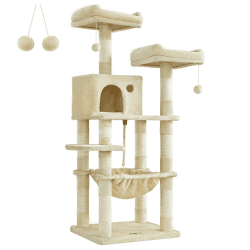Feandrea Kratzbaum, 143 cm hoch, Katzenbaum mit 11 Kratzsäulen, 2 Plattformen, 1 Katzenhöhle, 1 Hängematte, 2 Plüschbällen, Plüsch, mehrstöckiges Design, beige PCT15BE L (55 x 45 x 143 cm) Beige