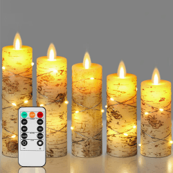 Da by LED Kerzen, Birkenrinde, mit eingebetteter Lichterkette, Kerzen-Set, 5 Stück, elfenbeinfarben, Echtwachs, Stumpenkerzen mit tanzender LED-Flamme, 10 Tasten Fernbedienung (ohne Batterie) HS#5*1