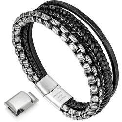 murtoo | Armband Herren | Lederarmband für Männer in schwarz und braun | Edelstahl Armband | Magnetverschluss aus Edelstahl 23cm schwarz,silber