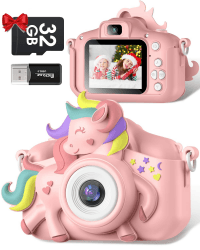 Kinderkamera, Gofunly Kamera 1080P 2,0-Zoll-Bildschirm mit 32GB SD-Karte Selfie Digitalkamera Fotoapparat Kinder für 3-12 Jahre Jungen und Mädchen Weihnachten Spielzeug Rosa