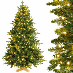 Yorbay künstlicher Weihnachtsbaum Nordmanntanne mit Beleuchtung LED Tannenbaum mit Holzständer für Weihnachten-Dekoration, aus PE und PVC, Mehrweg (180cm)