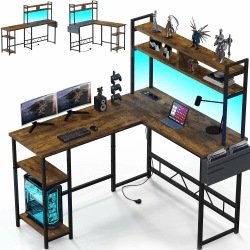 Flamaker L-förmiger Schreibtisch Regal mit LED Lights & Power Reversibel Eckschreibtisch mit 2 Steckdosen und 2 USB Ladeanschluss 140 * 120 Langen Computertisch, Vintage Braun