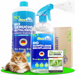 NEU FreeClean Bio Geruchsneutralisierer Konzentrat 1000ml [EXTRA STARK OHNE CHEMIE] Enzymreiniger Katzenurin inkl Mischflasche - Hochkonzentrierter Geruchsentferner als Textilerfrischer - Made in DE