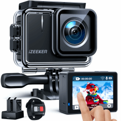 iZEEKER Action Cam iA100 4K 30FPS 20MP Touchscreen 40M Unterwasserkamera Wasserdicht EIS Bildstabilisator Helmkamera Weitwinkel Camcorder (2x1050mAh Akkus Ladegerät, 2.4G Fernbedienung, Zubehör Kit)