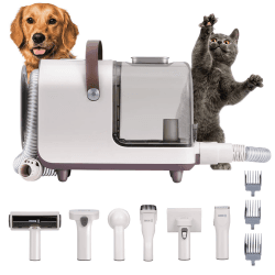 HICHEE Hundeschermaschine mit Staubsauger, Profi Haustierpflegeset mit 13 kPa starke Saugkraft (2,5L), leise Schermaschine Hund Katze, Tierhaarschneidemaschine mit 6 bewährten Pflegewerkzeugen Weiß und Grau