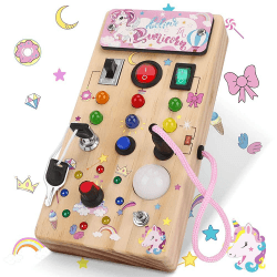 Unicorn Montessori Busy Board ab 1 Jahr Montessori Spielzeug mit 8 LED Lichtschalterspielzeug Activity Board Holzspielzeug Motorikspielzeug Sensorisches Lernspielzeug für Babys
