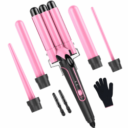 Lockenstab set 5 in 1 mit 3 Fässer - YICAIZI Welleneisen für große/mittlere oder kleine Locken Keramikbeschichtung Lockenstäbe Temperatureinstellung Schnelle Erwärmung, mit Handschuh und 2 Clips（Rosa）