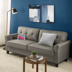 ZINUS Sayan Sofa mit USB-Anschlüssen | Mid-Century | Einfache Montage ohne Werkzeug | Getuftete Kissen | Abgerundete Armlehnen | Sofa in einer Box | Sand Grey