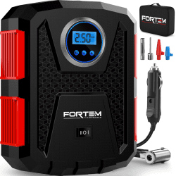 Fortem Tragbarer Kompressor Autoreifen, Kompressor Fahrrad, 12V Autoreifen Pumpe und Fahrradpumpe Elektrisch mit LED-Licht - Digitaler Reifendruckmesser Automatische Pumpe/Abschaltung, Tasche 12V DC Rot