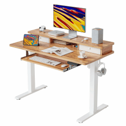 FEZIBO Höhenverstellbarer Elektrischer Stehtisch mit Tastaturablage, 120 x 60 cm Stehtisch mit Ablage, Sitz-Steh-Schreibtisch, Hellbraun Oberfläche Untertisch-Tastatur 120-hellbraun