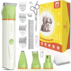 Unibono Leise Hundeschermaschine Katzenrasierer Komplett-Set, Wiederaufladbar Hund Katze Schermaschine wit 4 Multifunktions-Schneidköpfen für Pfoten, Augen, Ohren, Gesicht, Körper, IPX7 Wasserdicht Grün