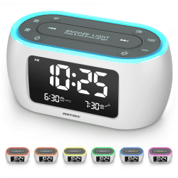 BUFFBEE Radiowecker mit 7-Farben-Nachtlicht, Doppelalarm, Schlummerfunktion, Dimmer, USB-Ladegerät, Nap-Timer, Digitaler Wecker mit FM-Radio und Auto-Off, netzbetrieben mit Batterie-Backup-Weiß