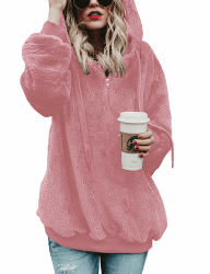 iWoo Hoodie Damen Kapuzenpullover Teddy-Fleece Pullover Herbst Winter Warm Oberteil Langarm Einfarbig Casual Sweatshirt S Rosa Kapuzenpullover