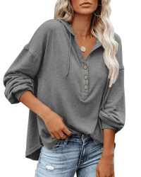 PLOKNRD Kapuzenpullover Damen Knopfleiste Leichter Pullover für den Herbst Dunkelgrau L