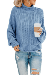 Saodimallsu Damen Pullover Rollkragen Oversized Fledermaus Langarm Sweatshirt Lose Grobstrick Casual Sweater S Blau
