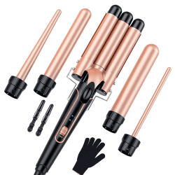 Lockenstab set 5 in 1 mit 3 Fässer - YICAIZI Welleneisen für große/mittlere oder kleine Locken Keramikbeschichtung Lockenstäbe Temperatureinstellung Schnelle Erwärmung, mit Handschuh und 2 Clips Roségold 5 in 1