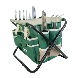 GardenHOME Gartenwerkzeug-Set, 7-teiliges Edelstahl-Werkzeugset, Strapazierfähiger Klapphocker, Abnehmbare Tragetasche Aus Segeltuch, Organizer Für Gartenwerkzeug-Set