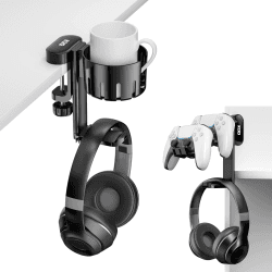 KDD Kopfhörer Halter 360° Drehbar - 3 in 1 Controller Halter & Ersetzbarer Getränkehalter, Universal Headset Halterung Tisch aus ABS, Controller Ständer für Universal Headset, Controller, Becher Schwarz