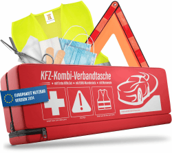 HELDENWERK KFZ Kombitasche (3 in 1) nach aktueller Norm 2023/2024 DIN 13164:2022 (StVO konform) - Inkl. Warndreieck, Warnweste - Verbandskasten Warndreieck Set Verbandskasten Auto 2024 für TÜV Geprüft