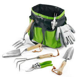 WORKPRO Gartenwerkzeug Set, 8 in 1 Gartengeräte mit Aufbewahrungstasche, aus Edelstahl, Gartenschaufel mit Holzgriff, Blumenschere, Gartenkralle, Handgrubber, Geschenk für Gärtnerinnen und Gärtner Grün