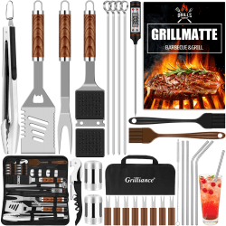 Grilliance BBQ Grillbesteck Set 30 Grillzubehör aus Hochwertiger Edelstahl Grillzange Grillspachtel Korkenzieher Grillset mit Grillkoffer und Grillmatte für Männer Geschenk für Garten Camping Braun