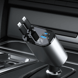 Aimtel Einziehbares Auto Ladegerät,Handy Schnellladegerät Auto 60W,2 Einziehbare iPhone-Ladekabel und 2 USB-Anschlüsse,Retractable Car Charger kompatibel mit iPhone 14/14 pro/14 pro max/13/12/11/XS/XR