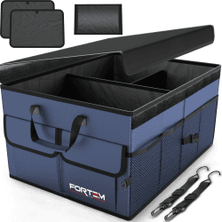 FORTEM Kofferraum Organizer, Kofferraumtasche, Zusammenklappbarer Auto Organizer Kofferraum mit Fächern, Rutschfester Boden, Verstellbare Sicherungsriemen, Klappbarer Deckel (Blau, Größe L)