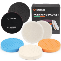 ETOOLAB 7tlg Polierschwämme Polierpad Set, 150mm-165mm, mit 5 Premium Compound Polierschwämme & 2 verschleißfesten Wollpads, für Exzenter Poliermaschine und Scheinwerferpolitur Poliererzubehör