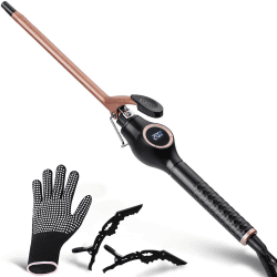 9mm Mini Lockenstab - Professional LCD-Display Lockenwickler 140-200℃, Keramischer 30s Schnelles Aufheizen Temperatur Einstellbar, mit Hitzebeständigem Handschuh und Haarspangen (Schwarz)