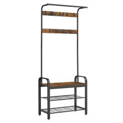 VASAGLE Garderobenständer, Garderobe, mit Schuhbank, 4-in-1 Design, 9 abnehmbare Haken, Kleiderstange, Eingangsbereich, Flur, 33,7 x 77 x 183 cm, Industrie-Design, vintagebraun-schwarz HSR40B 33.7 x 72 x 183 cm Vintagebraun + Schwarz