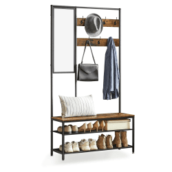 VASAGLE Kleiderständer, Garderobe, Garderobenständer mit Haken, Spiegel, Sitzbank, 35 x 98 x 180 cm, für Eingangsbereich, Schlafzimmer, Wohnzimmer, Industrie-Design, vintagebraun- schwarz HSR415B01 Vintagebraun + Schwarz