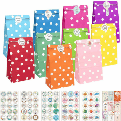 KASZOO Papiertüten, 40 Stück Bunte Geschenktüten mit 84 Aufkleber (Auf Deutsch) Candy Tüten zum Verpacken von Geschenken, Giveaways, Kindergeburtstag, Hochzeit, Party, usw Farbpunktmuster