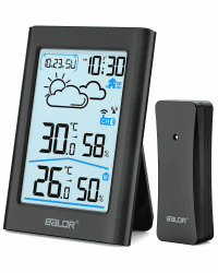BALDR Wetterstation Funk mit Außensensor, Digital DCF-Funkuhr Thermometer Innen/Außen Temperaturanzeige Funk,Raumthermometer,Hygrometer, Wettervorhersage, Uhrzeitanzeige, Wecker,3.7 Zoll Display Schwarz