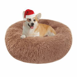 Hundebett Katzenbett Flauschig Rund aus Plüsch - Donut Kuscheliges Hundekissen Hundekorb Waschbar S/M/L/XL/XXL für Kleine, Mittelgroße und Große Hunde, Katzen und Andere Haustiere (L-60cm, Braun) L 60.00 x B 60.00 x H 20.00 cm Braun