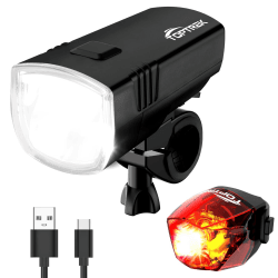 toptrek Fahrradlicht, USB Aufladbar Fahrrad licht mit Typ-C, StVZO Zugelassen Fahrradlampe, Fahrradlicht Vorne bis zu 70LUX mit Rücklicht, Regenfest LED Fahrradbeleuchtung Set Schwarz