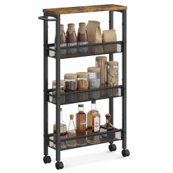 VASAGLE Rollwagen 4 Ebenen, Küchenwagen schmal, Nischenregal auf Rollen, Stahl, Griff, für kleine Räume, 13 x 45,4 x 77 cm, Küche, Bad, Wohnzimmer, Arbeitszimmer, vintagebraun-schwarz LRC032B01V1 4 Ebenen (13 x 45,4 x 77 cm) Vintagebraun + Schwarz