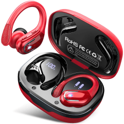 Litinst Bluetooh Kopfhörer Sport, Kabellos Bluetooh 5.3 Stereo mit Mic, 60std Spielzeit, Dual LED Anzeige Wireless, IP7 Wasserdicht USBC In-Ear Ohrhörer mit Ohrhaken für Sport, Rot