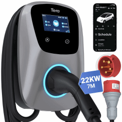 Tera EV Ladegerät Smart APP mit 16-32A Typ 2 22kW oder 11kW oder 22kW Heim Ladestation 400V CE & TÜV Wallbox 7m Ladekabel mit Ladegerätehalter App-Steuerung CEE 3-Phasen Stecker W01, Silber Silber Wallbox 22kW