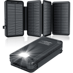 Solar PowerBank 26.800mAh, Solar Ladegerät mit 4 Solarpanels, Taschenlampe, Zwei 5V 2,1A USB-A-Ports Externer Akku Kompatibel Für Smartphones, Tablets Outdoor Camping Ladegerät Schwarz